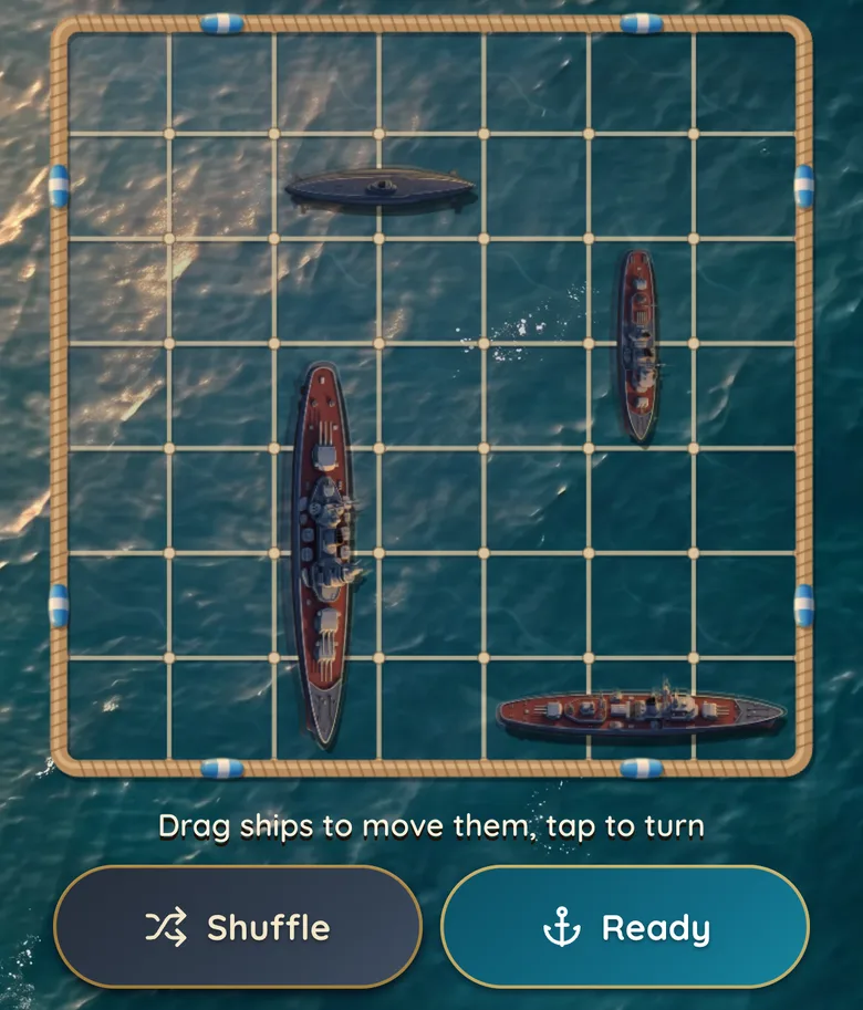 Sea Battle di Gift Club: armada sudah ditempatkan di papan sebelum pertandingan, dengan tombol Shuffle dan Ready.