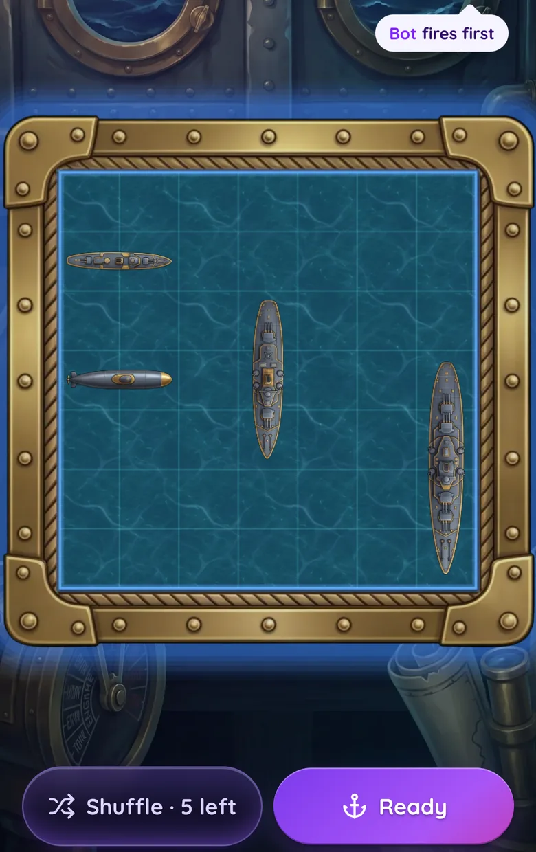 A dealt Sea Battle fleet of four ships on the blue home board, with the Shuffle and Ready buttons under it