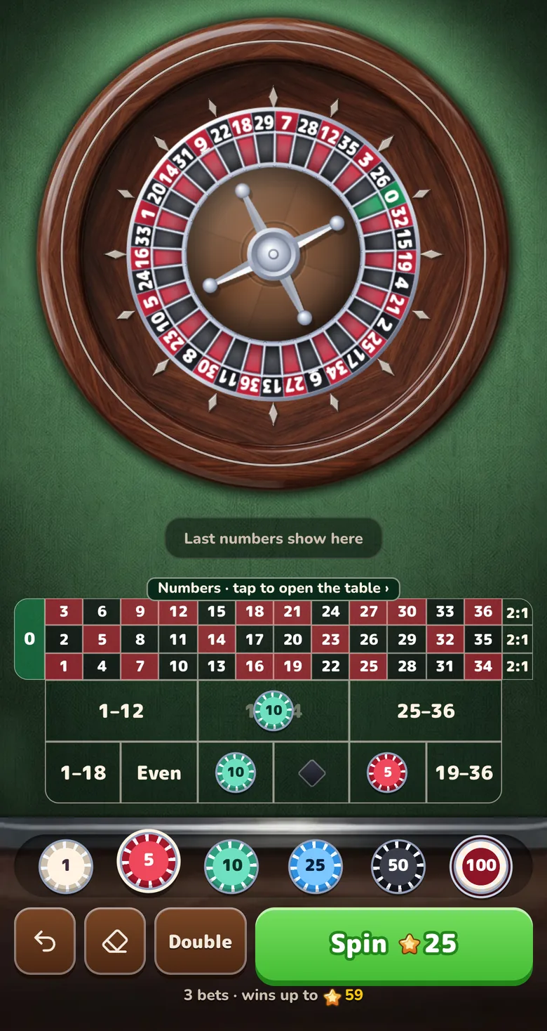Gift Club Roulette in Telegram: der Kessel mit einer Null über einem Filztisch mit Jetons auf äußeren Einsätzen und der Zahlenleiste, darunter Jetonablage und Spin-Taste