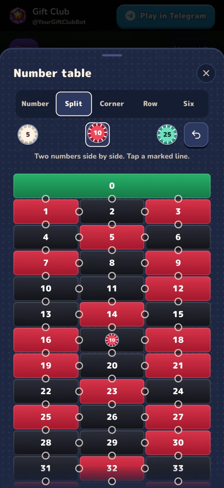 The Gift Club roulette number table: a bet-type picker with Number, Split, Corner, Row and Six above the full single-zero layout, with chips placed on numbers