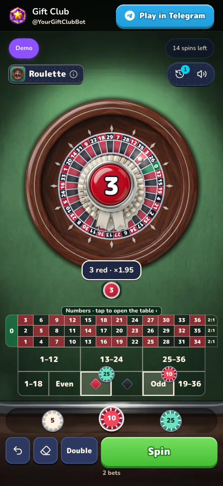 Gift Club roulette after a spin: the walnut wheel with the winning pocket on its badge, the last numbers under it, chips on red and odd on the felt table, and the chip rack and Spin button on the rail