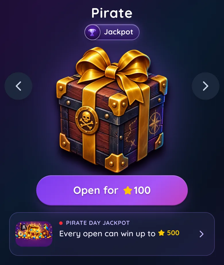 The Pirate box in the Gift Club box store: the chest, an Open for 100 button, and a Pirate Day jackpot strip under it