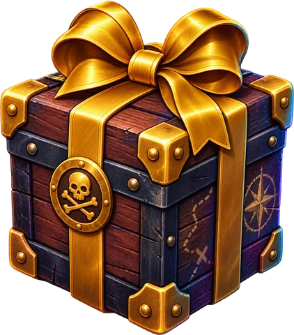 The Pirate box closed: a dark wooden chest with gold corners, a gold bow and a skull-and-crossbones seal