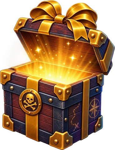 The Pirate box open, with gold light pouring out of the chest