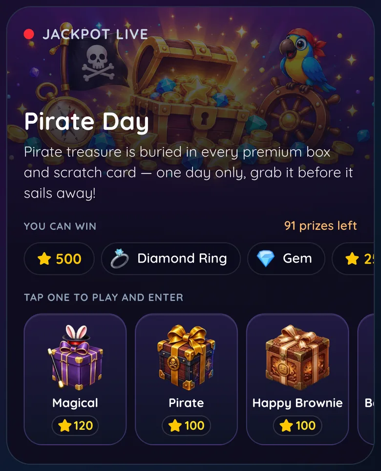 The Pirate Day jackpot on the Gift Club home screen: treasure-chest art, the prizes, and a row of boxes that enter it