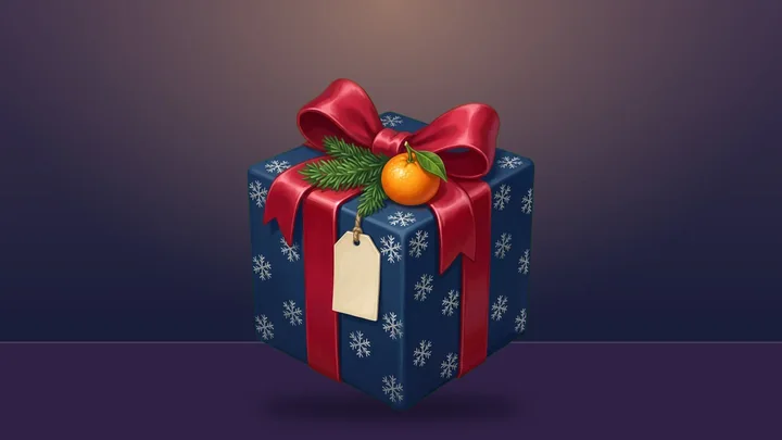 A gift wrapped in Gift Club's New Year paper, as the card a friend receives in Telegram