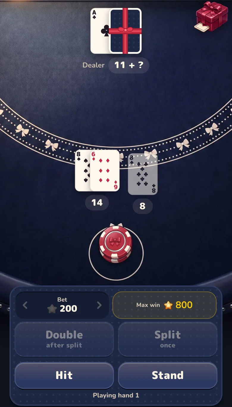 Gift Club blackjack table in the middle of a split: a pair of eights against a dealer ace, the first eight with a 6 for 14, the second eight waiting, and the Double and Split buttons greyed out